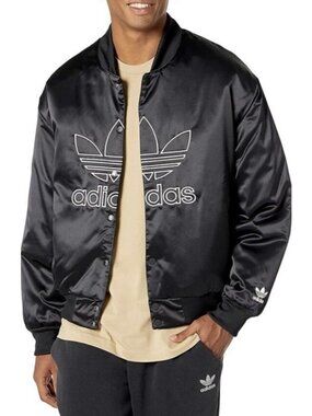 Adidas Originals Mens Bomber Jacket Trefoil Logo Satin Retro Track Black L EUC